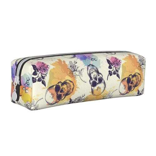 ESASAM Federmäppchen mit Totenkopf-Blume, schlichtes und stilvolles Leder-Federmäppchen – Schreibwaren-Organizer und Reiseaufbewahrung, Stifthalter, Federmäppchen, Federmäppchen, Künstlerbedarf, weiß, von ESASAM