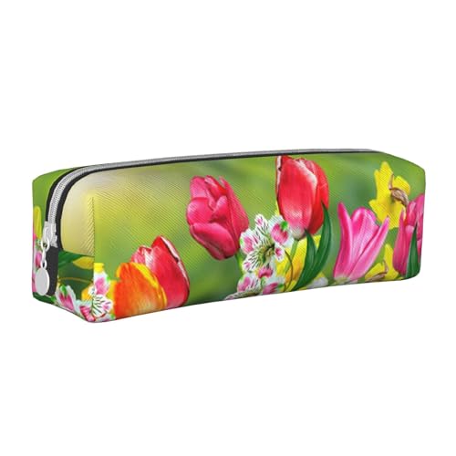 ESASAM Federmappe mit Frühlingsblumen, schlichtes und stilvolles Leder-Federmäppchen – Schreibwaren-Organizer und Reiseaufbewahrung, Stifthalter, Federmäppchen, Federmäppchen, Künstlerbedarf, weiß, von ESASAM