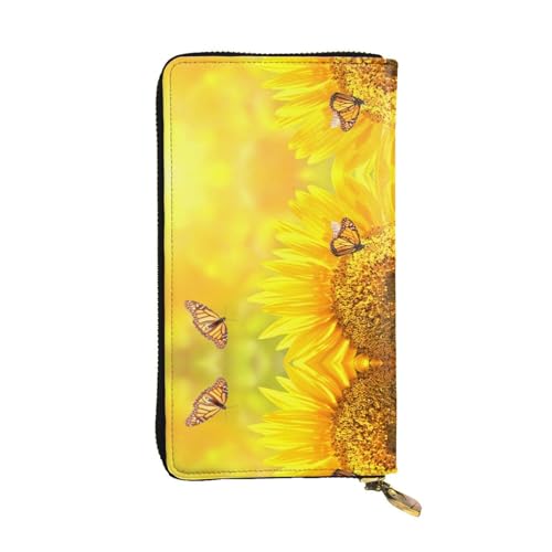 ESASAM Lange Clutch-Geldbörse aus Entenleder, hochwertiges Kunstleder und hochwertiger Metall-Reißverschluss, langlebig., Sonnenblume Schmetterling Sonne, Einheitsgröße von ESASAM