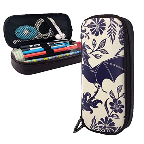 ESASAM Lavender Fields Federmäppchen aus Leder – Stilvoller Schreibwaren-Organizer mit mehreren Fächern, tragbares Federmäppchen, Make-up-Tasche, stilvolle Kosmetiktasche, Fledermausdruck, von ESASAM