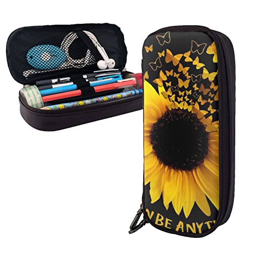 ESASAM Lila Blume Leder Federmäppchen - Stilvoller Schreibwaren-Organizer mit mehreren Fächern, tragbares Federmäppchen, Make-up-Tasche, stilvolle Kosmetiktasche, Schmetterling und Sonnenblume, von ESASAM