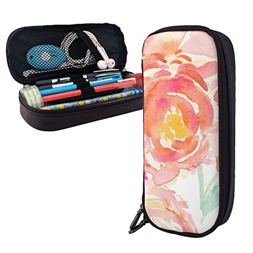 ESASAM Rosa und Gold Marmor Leder Federmäppchen - Stilvoller Schreibwaren-Organizer mit mehreren Fächern, tragbares Federmäppchen, Make-up-Tasche, stilvolle Kosmetiktasche, Pfirsich Pfingstrose, von ESASAM