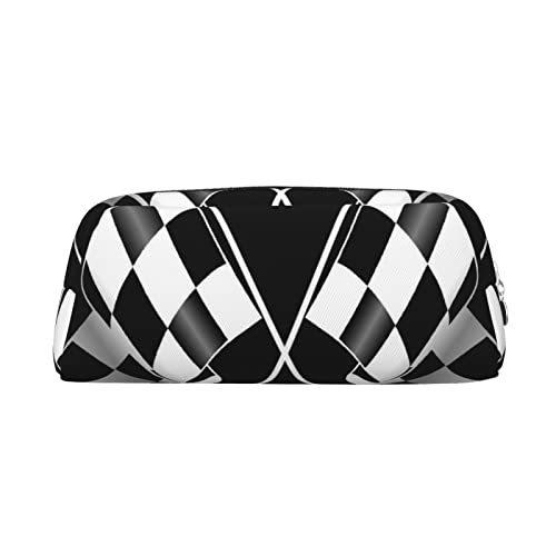 ESASAM Schwarz-weißes Federmäppchen mit kariertem Flaggenmuster, Leder, Reißverschluss, dreidimensional, einfach und elegant, modisch und praktisch, silber, Einheitsgröße, Schulrucksack von ESASAM