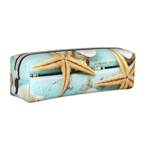 ESASAM Sea Star Muschel blaues Holz auf Strandlandschaft, einfaches und stilvolles Leder-Federmäppchen – Schreibwaren-Organizer und Reiseaufbewahrung, Stifthalter, Federmäppchen, Federmäppchen, von ESASAM