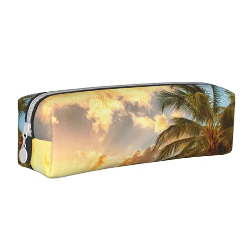 ESASAM Sunset Hawaiian Palm Tree Leder Reißverschluss dreidimensionales Federmäppchen einfach und elegant, modisch und praktisch, weiß, Einheitsgröße, Schulrucksack von ESASAM