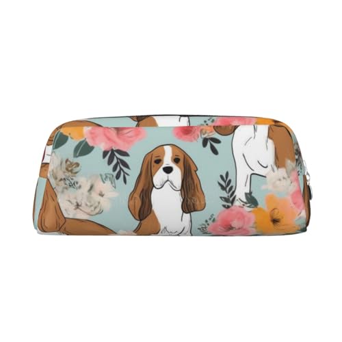 ESASAM Sweet Basset Hound Florals Leder Reißverschluss dreidimensionales Federmäppchen einfach und elegant, modisch und praktisch, silber, Einheitsgröße, Schulrucksack von ESASAM