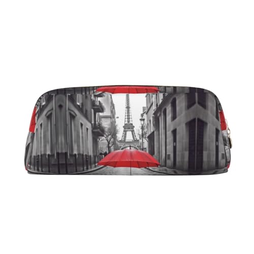 Eiffelturm Paris Street roter Regenschirm Leder Reißverschluss dreidimensionales Federmäppchen einfach und elegant, modisch und praktisch, gold, Einheitsgröße, Schulranzen von ESASAM