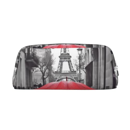 Eiffelturm Paris Street roter Regenschirm Leder Reißverschluss dreidimensionales Federmäppchen einfach und elegant, modisch und praktisch, silber, Einheitsgröße, Schulrucksack von ESASAM