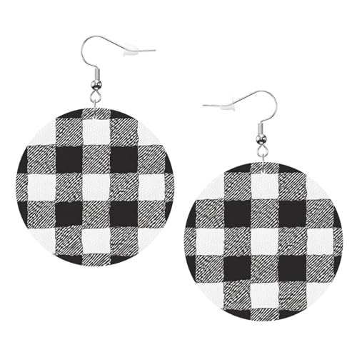 Elegante runde Leder-Ohrringe in Schwarz und Weiß, kariert, modisches und einzigartiges Accessoire für den täglichen Gebrauch, Einheitsgröße von ESASAM