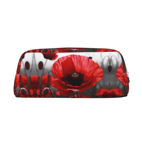 Federmäppchen aus Leder mit rotem Mohnblumen-Reißverschluss, dreidimensional, einfach und elegant, modisch und praktisch, silber, Einheitsgröße, Schulranzen von ESASAM