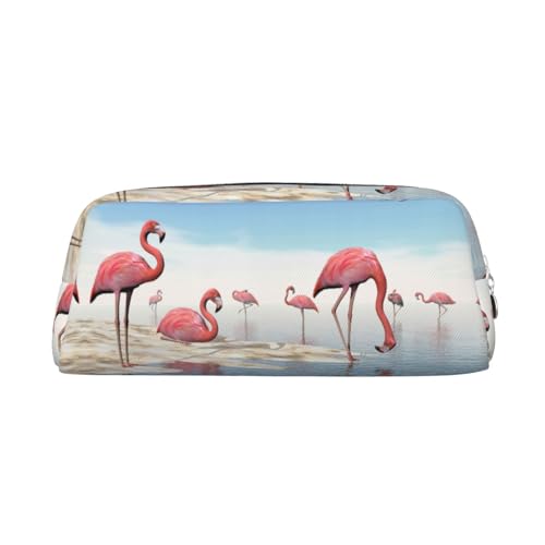 Flock of Pink Flamingos On The Beach Leather Zipper Three-Dimensional Pencil Case, Simple and Elegant, Fashionable and Practical, silber, Einheitsgröße, Schulranzen von ESASAM