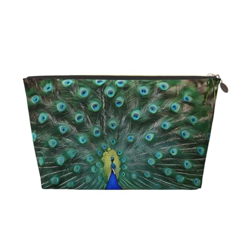Kulturbeutel aus Leder mit grünen Pfauenfedern, ein modischer und praktischer Make-up-Organizer, gold, Einheitsgröße von ESASAM