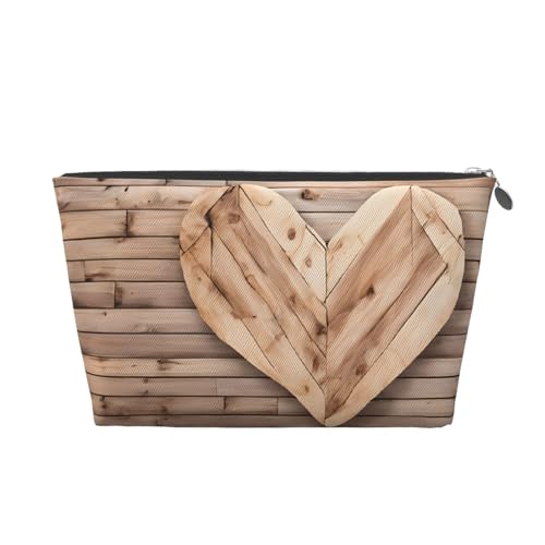 Leder-Reise-Kulturbeutel mit Holzherz, ein modischer und praktischer Make-up-Organizer, silber, Einheitsgröße von ESASAM