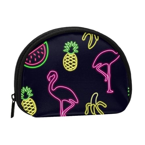 Mini-Münzen-Aufbewahrungstasche mit Ananas-Banananen-Flamingo-Druck, Volldruck-Design, Polyesterfaser-Material, kompakte Größe, praktisch und vielseitig, Schwarz , Einheitsgröße von ESASAM