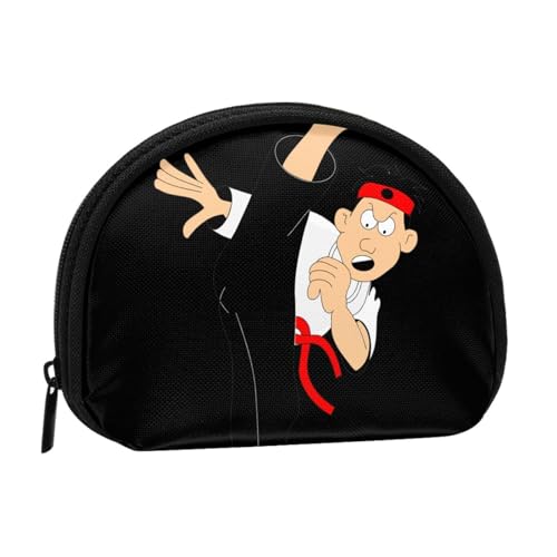 Mini-Münzen-Aufbewahrungstasche mit Cartoon-Karate-Druck – Volldruck-Design, Polyesterfaser-Material, kompakte Größe, bequem und vielseitig, Schwarz , Einheitsgröße von ESASAM