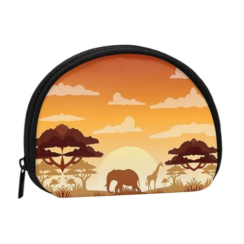 Mini-Münzen-Aufbewahrungstasche mit Elefant und Giraffe im Sonnenuntergang – Volldruck-Design, Polyesterfaser-Material, kompakte Größe, praktisch und vielseitig, Schwarz , Einheitsgröße von ESASAM