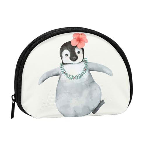 Mini-Münzen-Aufbewahrungstasche mit Pinguin mit Blumendruck – Volldruck-Design, Polyesterfaser-Material, kompakte Größe, bequem und vielseitig, Schwarz , Einheitsgröße von ESASAM