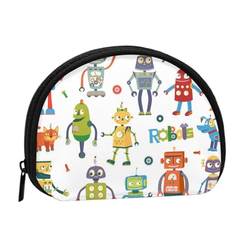 Mini-Münzen-Aufbewahrungstasche mit niedlichem Cartoon-Roboter-Druck, Volldruck-Design, Polyesterfaser-Material, kompakte Größe, bequem und vielseitig, Schwarz , Einheitsgröße von ESASAM