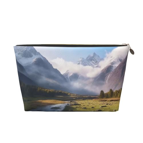 Reise-Kulturbeutel aus Leder mit Berglandschaft, modischer und praktischer Make-up-Organizer, gold, Einheitsgröße von ESASAM