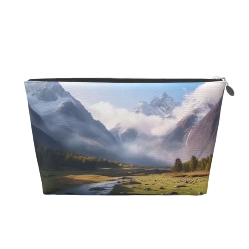 Reise-Kulturbeutel aus Leder mit Berglandschaft, modischer und praktischer Make-up-Organizer, silber, Einheitsgröße Reise-Kulturbeutel aus Leder mit Berglandschaft, modischer und praktischer Make-up-Organizer, silber, Einheitsgröße von ESASAM