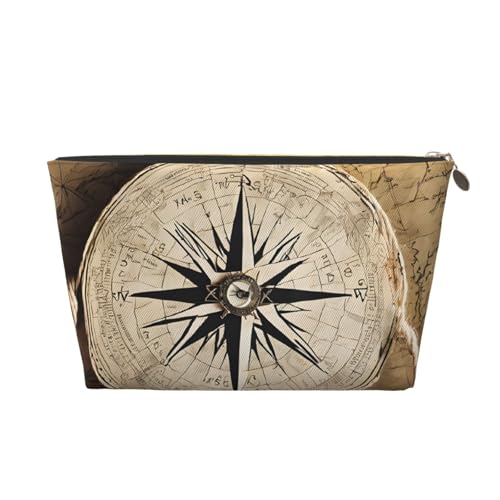 Reise-Kulturbeutel aus Leder mit Kompasskarte, ein modischer und praktischer Make-up-Organizer, gold, Einheitsgröße von ESASAM