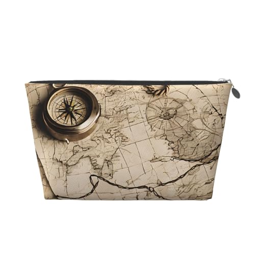 Reise-Kulturbeutel aus Leder mit Kompasskarte, ein modischer und praktischer Make-up-Organizer, silber, Einheitsgröße von ESASAM
