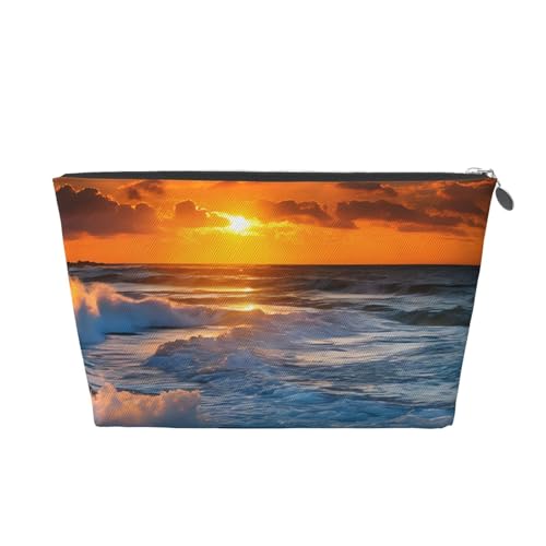 Reise-Kulturbeutel aus Leder mit Sonnenuntergang, modischer und praktischer Make-up-Organizer, silber, Einheitsgröße von ESASAM