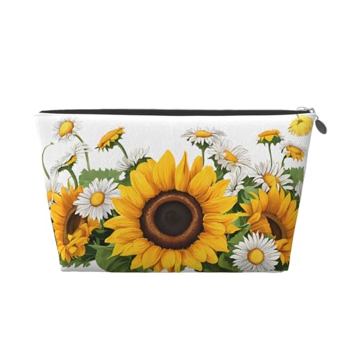 Reise-Kulturbeutel aus Leder mit gelben Sonnenblumen und weißen Blumen, ein modischer und praktischer Make-up-Organizer, silber, Einheitsgröße Reise-Kulturbeutel aus Leder mit gelben Sonnenblumen und weißen Blumen, ein modischer und praktischer Make-up-Organizer, silber, Einheitsgröße von ESASAM