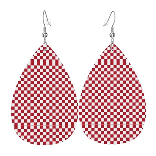 Rot karierte weiße Quadrate. Dieser Leder-Ohrring sieht aus wie ein Wassertropfen-Anhänger, modisch und vielseitig, hypoallergen, Einheitsgröße von ESASAM