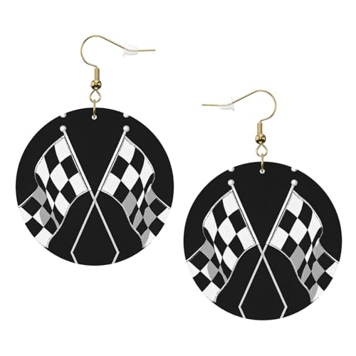 Schwarz-weiße Formel, karierte Flaggenmuster, elegante runde Leder-Ohrringe, modisches und einzigartiges Accessoire für den täglichen Gebrauch, Einheitsgröße von ESASAM