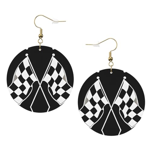 Schwarz-weiße Formel, karierte Flaggenmuster, elegante runde Leder-Ohrringe, modisches und einzigartiges Accessoire für den täglichen Gebrauch, Einheitsgröße von ESASAM