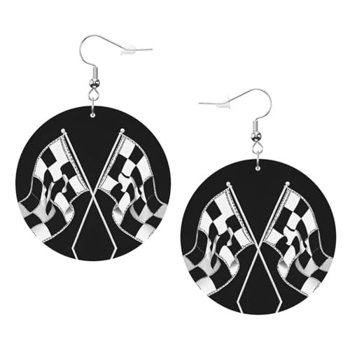 Schwarz-weiße Formel, karierte Flaggenmuster, elegante runde Leder-Ohrringe, modisches und einzigartiges Accessoire für den täglichen Gebrauch, Einheitsgröße von ESASAM