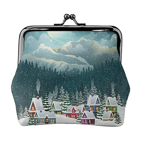 Snow Covered Village Town Printed Microfiber Leather Kiss Lock Mini Wallet, Compact, Wearable and Easy to Carry., Schneebedeckte Dorfstadt, Einheitsgröße, Münzbeutel von ESASAM