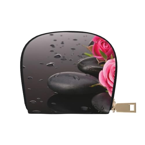 Spa Stone and Rose Flowers Leather Half Round Card Bag, Compact and Convenient, Easy to Store, weiß, Einheitsgröße von ESASAM