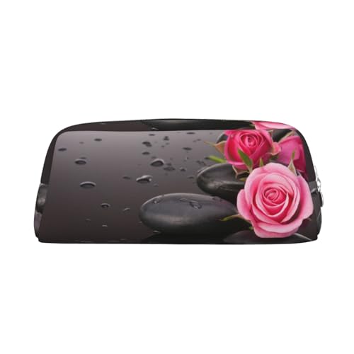 Spa Stone and Rose Flowers Leather Zipper Three-Dimensional Pencil Case, Simple and Elegant, Fashionable and Practical, silber, Einheitsgröße, Schulranzen von ESASAM