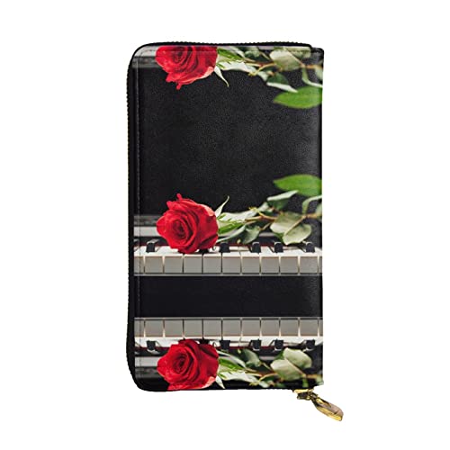 Stilvolle und personalisierte Leder-Geldbörse, lange Clutch, mexikanischer Totenkopf, einfach zu tragen., Rote Rose auf Klavier, Einheitsgröße von ESASAM