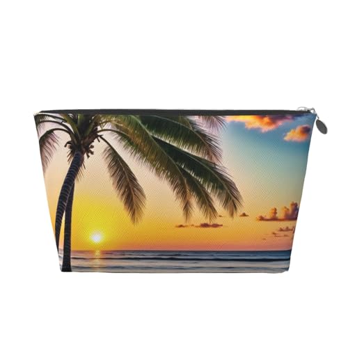 Strandpalmen Sonnenuntergang Leder Reise-Kulturbeutel, ein modischer und praktischer Make-up-Organizer, silber, Einheitsgröße Strandpalmen Sonnenuntergang Leder Reise-Kulturbeutel, ein modischer und praktischer Make-up-Organizer, silber, Einheitsgröße von ESASAM