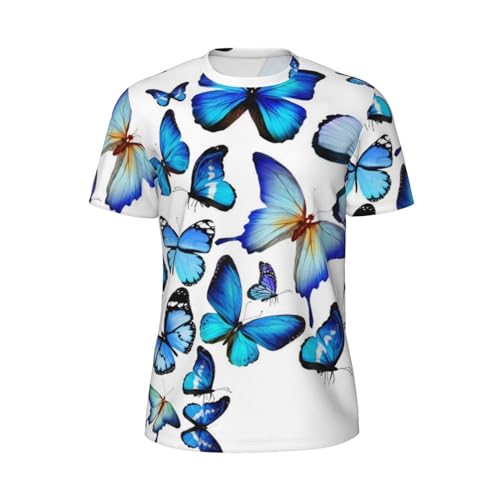 Sugar Skulls Print Herren Kurzarm Mesh T-Shirt Atmungsaktives und leichtes Sport-T-Shirt für Outdoor-Aktivitäten, Schnelltrocknend und Feuchtigkeitstransport Komfort, blau mit schmetterlingen, M von ESASAM