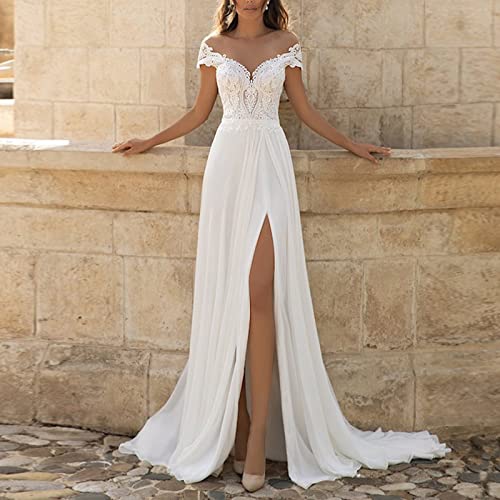 Hochzeitskleider für Eine Linie von Schulter Sexy v Hals High Slit Empire Taille Tüll Spitzenapplikation Plus Größe Brautkleid Weiß Plus 46, ESBANT, Elfenbein, 44 von ESBANT