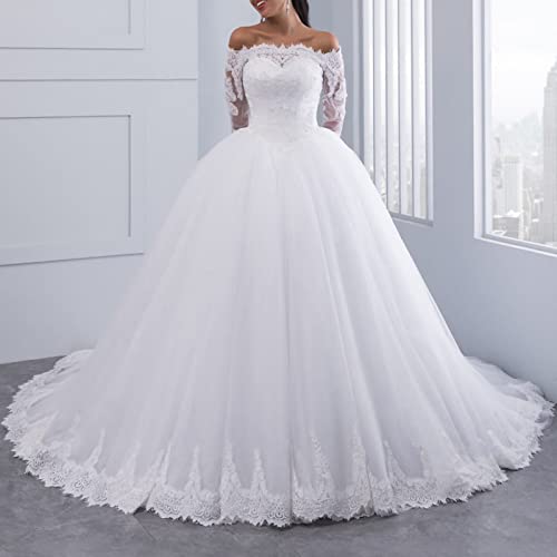 ESBANT Hochzeitskleider für Lange Ärmel von Schulter Eine Linie Plus Size Lace Applique Brautkleid mit Zug Weiß 42, Weiss, Plus 44 von ESBANT