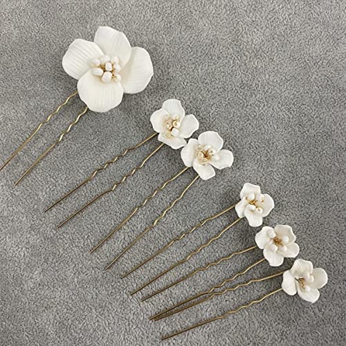 6 STÜCKE Weiße Keramik Blume Hochzeit Haarnadeln Frauen Schmuck Zubehör Handgemachte Kopfschmuck Tiara Ornament-Rose Goldene Farbe von ESCATIC