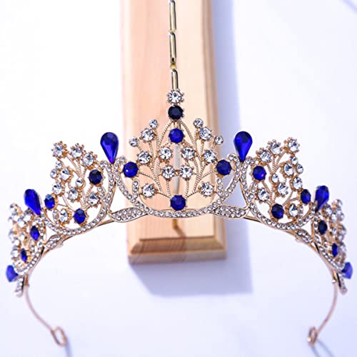 ESCATIC Kristall Strass Diademe und Kronen Braut Hochzeit Haarschmuck Silber Farbe Gold Damenmode Kopf Schmuck Diademe-Blau Gold von ESCATIC