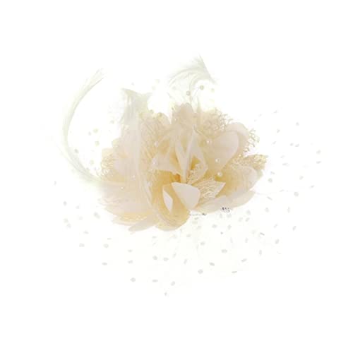 Frauen Braut Mesh Bogen Feder Perlen Hochzeit Fascinator Punkt Schleier Haarspange Brosche-Gelb von ESCATIC