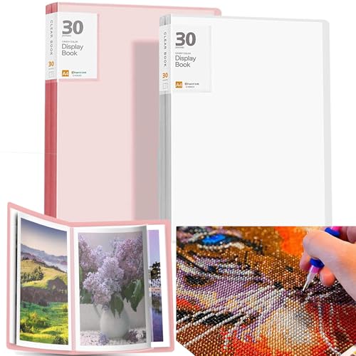 A3-Aufbewahrungsbuch für Diamantkunst, Portfolio-Ordner für Diamantmalerei, Zubehör mit 30 Schutzhüllen (2 Stück, Rosa und Weiß), 2 Packungen von ESEHGS