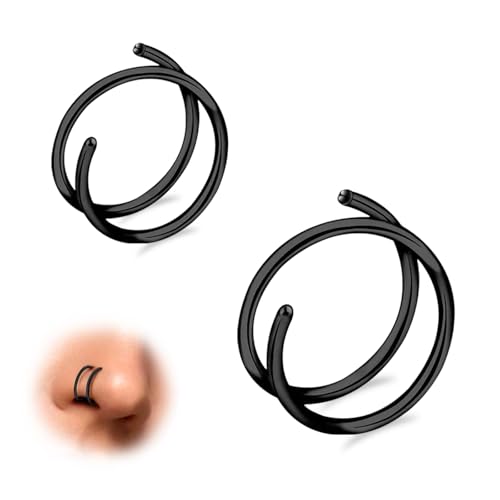 ESHIONER Double Nasenring Hoop für einzelne Piercing Spirale Nase Ringe Piercing Schmuck Dünn Klein 20 Gauge Hypoallergen 8MM/10MM 2PCS Schwarz Twist Nasenpiercing Ring für Damen G23 Titan von ESHIONER