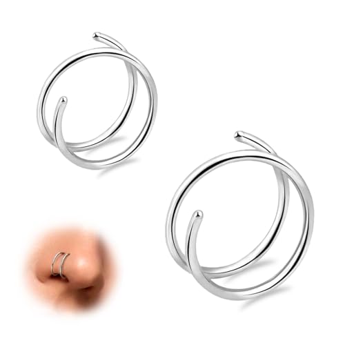 ESHIONER Double Nasenring Hoop für einzelne Piercing Spirale Nase Ringe Piercing Schmuck Dünn Klein 20 Gauge Hypoallergen 8MM/10MM 2PCS Silber Twist Nasenpiercing Ring für Damen G23 Titan von ESHIONER