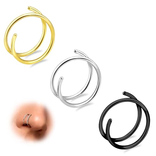 ESHIONER Double Nasenring Hoop für einzelne Piercing Spirale Nase Ringe Piercing Schmuck Dünn Klein 20 Gauge Hypoallergen 8MM 3PCS Silber Gold Schwarz Twist Nasenpiercing Ring für Damen G23 Titan von ESHIONER
