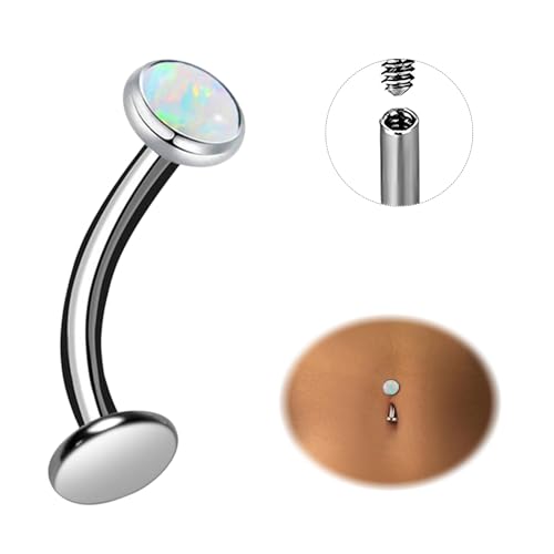 ESHIONER G23 Titan Bauchnabelpiercing 14G 14MM Stablänge Bauchpiercing Belly Piercing Kurzer Stab Langer Nabelpiercing Bauchnabel Piercing Schmuck Damen Opal Weiß Silber von ESHIONER