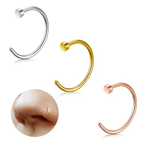 ESHIONER G23 Titan Fake Nasenpiercing Nasenring Septum Fake Nasen Piercing Hoop Set Knorpel Dünn Klein Helix Hypoallergen 18G 20G 10MM Silber Gold Roségold 3PCS Fake Nase piercing Schmuck Damen von ESHIONER