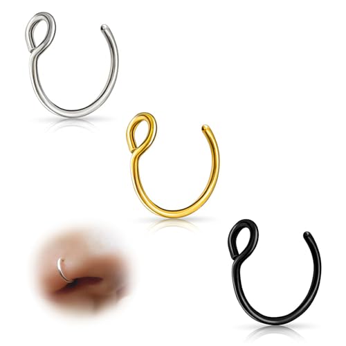 ESHIONER G23 Titan Fake Nasenpiercing Nasenring Septum Fake Nasen Piercing Hoop Set Knorpel Dünn Klein Helix Hypoallergen 18G 20G 8MM Schwarz Gold Silber 3PCS Fake Nase piercing Schmuck Damen von ESHIONER